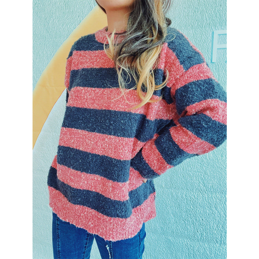 Striped Round Neck Long Sleeve Sweater Apparel and Accessories