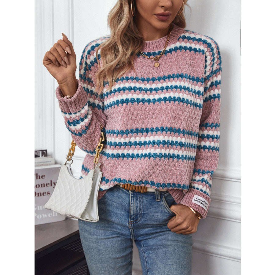 Striped Round Neck Long Sleeve Sweater Apparel and Accessories