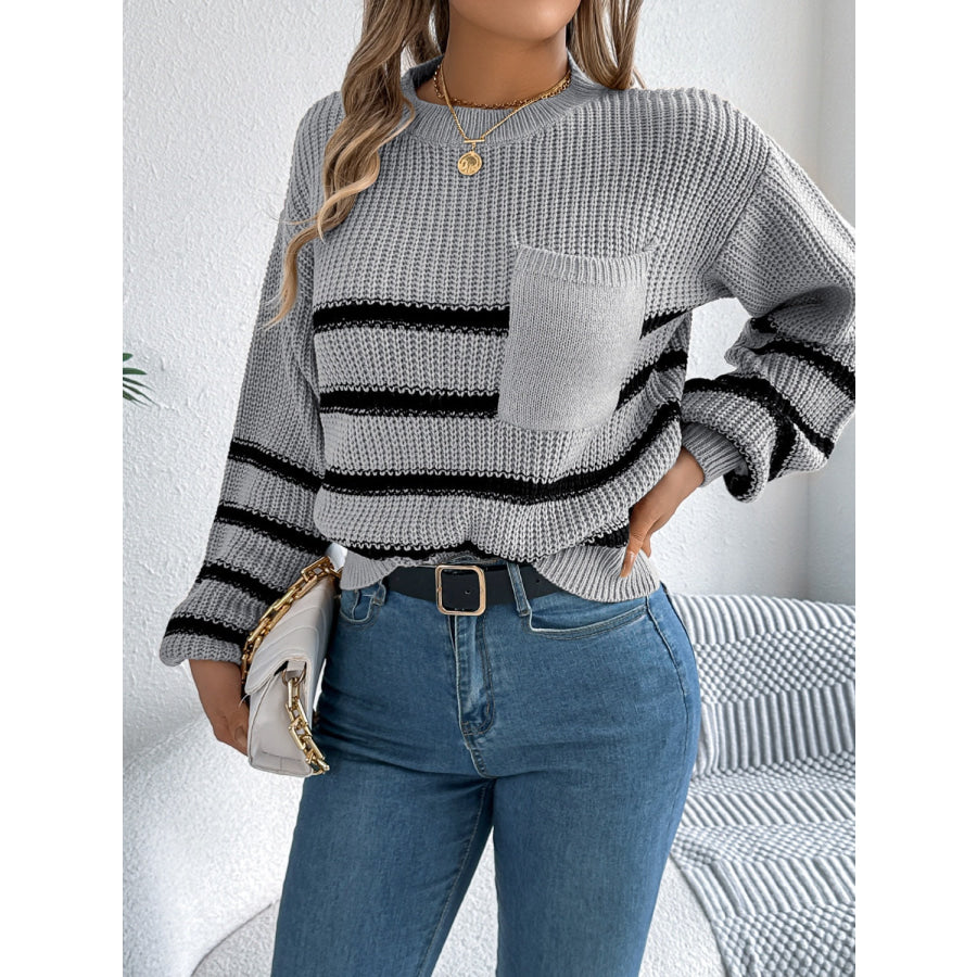 Striped Round Neck Long Sleeve Sweater Apparel and Accessories
