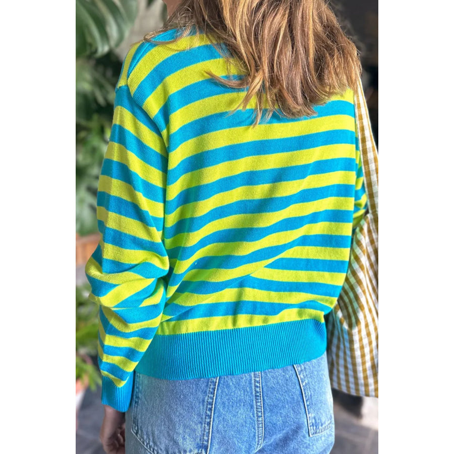 Striped Round Neck Long Sleeve Sweater Sky Blue / S Apparel and Accessories