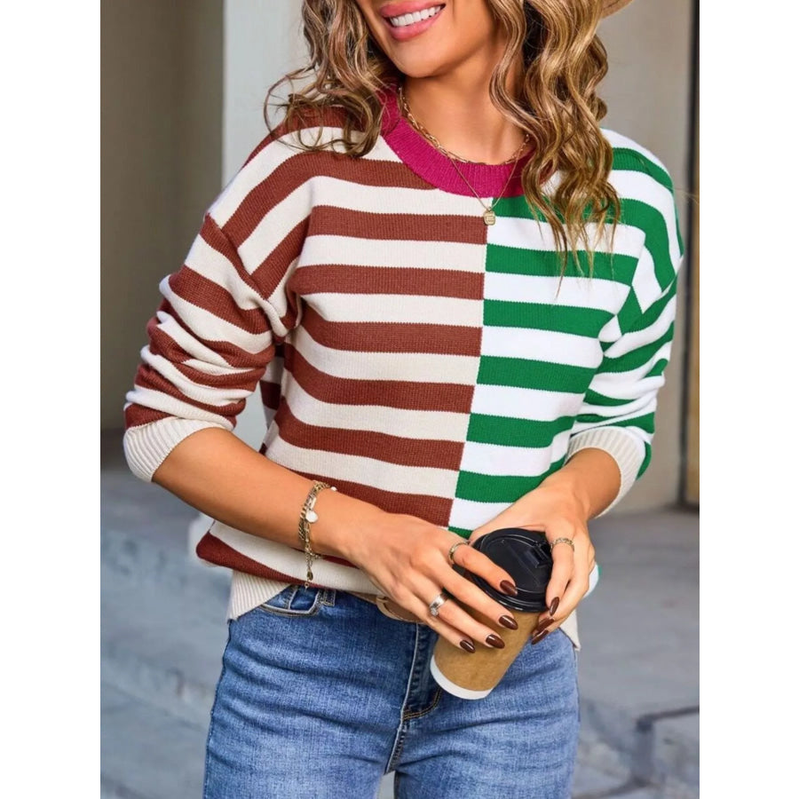 Striped Round Neck Long Sleeve Sweater Apparel and Accessories