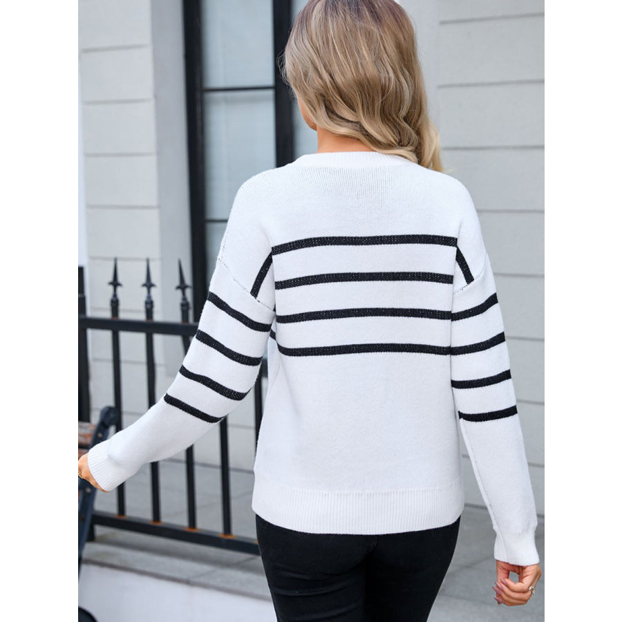 Striped Round Neck Long Sleeve Sweater Apparel and Accessories