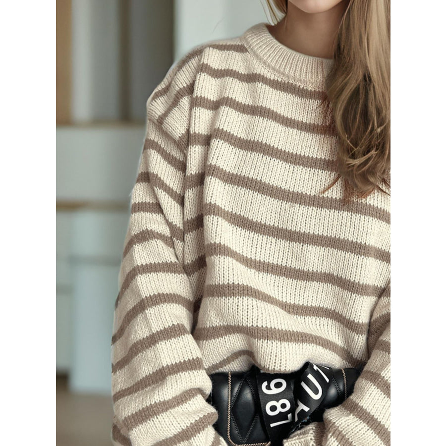 Striped Round Neck Long Sleeve Sweater Apparel and Accessories