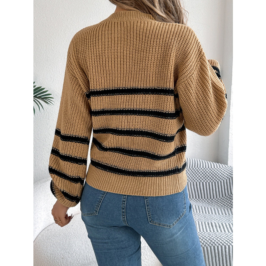 Striped Round Neck Long Sleeve Sweater Apparel and Accessories