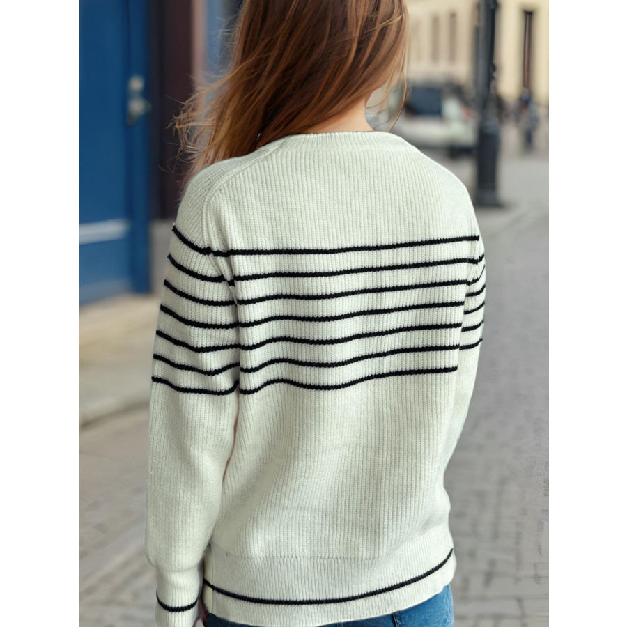 Striped Round Neck Long Sleeve Sweater Apparel and Accessories