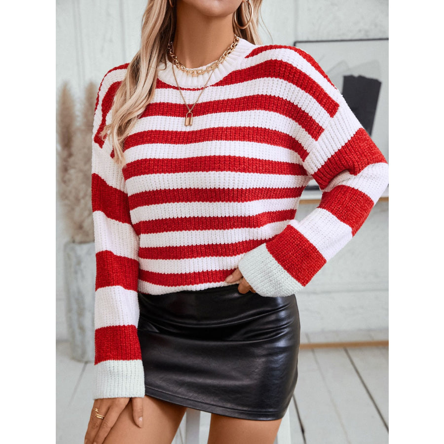 Striped Round Neck Long Sleeve Sweater Apparel and Accessories