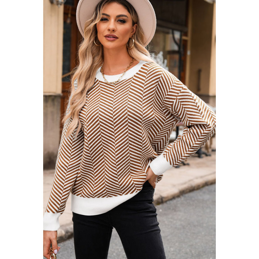 Striped Round Neck Long Sleeve Sweater Apparel and Accessories