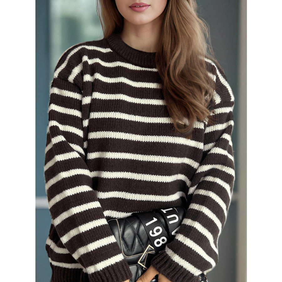 Striped Round Neck Long Sleeve Sweater Apparel and Accessories