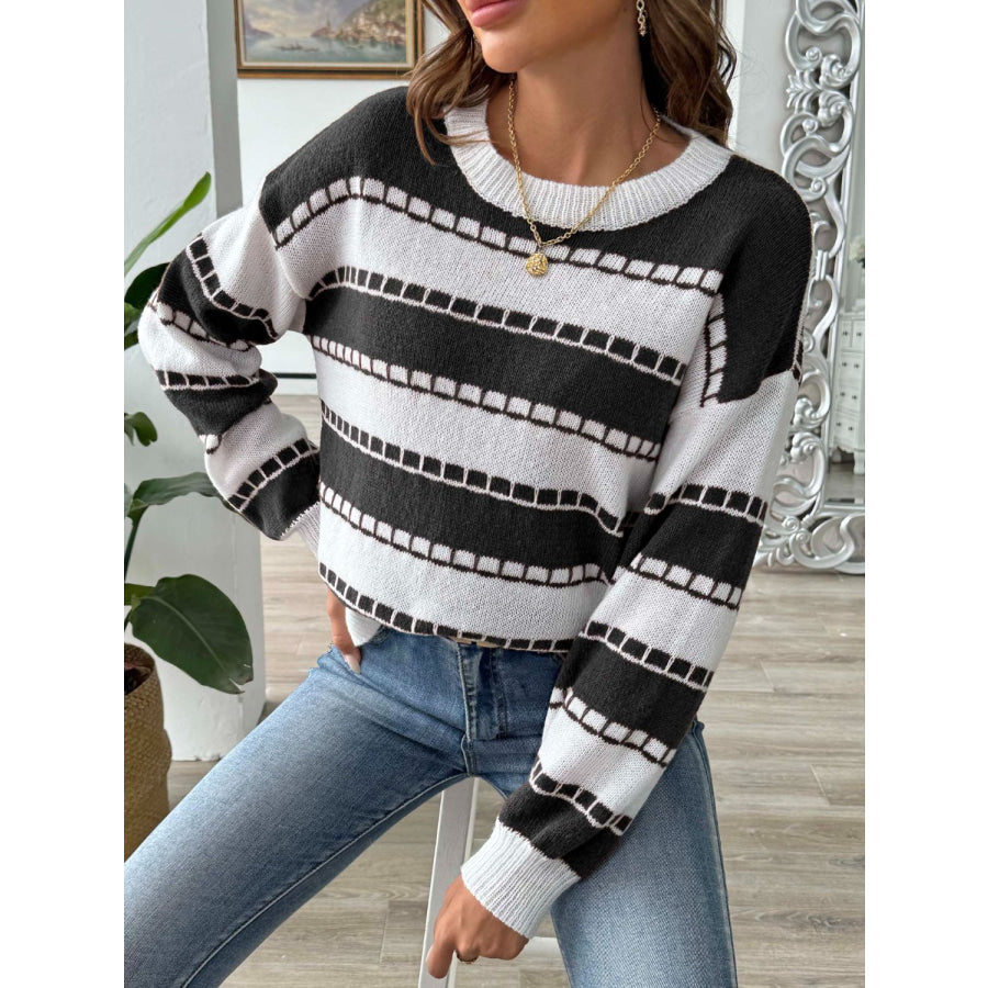 Striped Round Neck Long Sleeve Sweater Apparel and Accessories