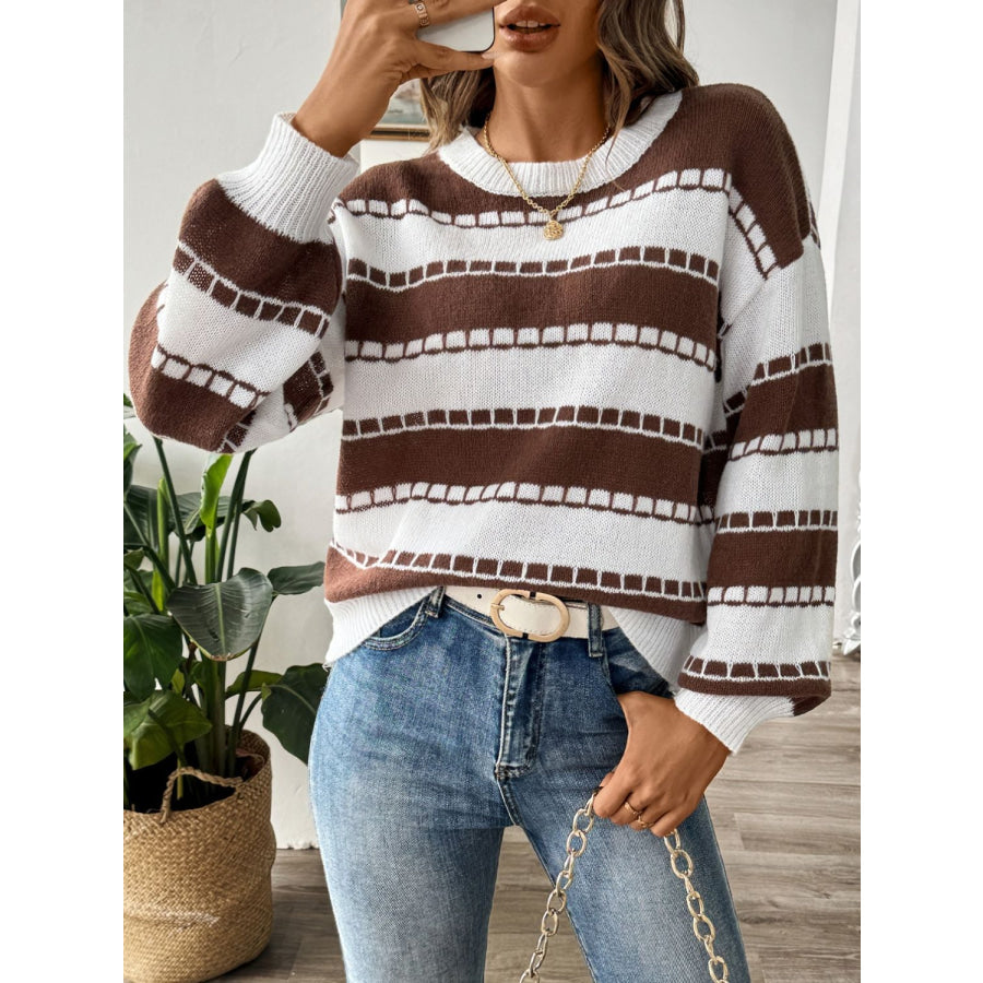 Striped Round Neck Long Sleeve Sweater Apparel and Accessories