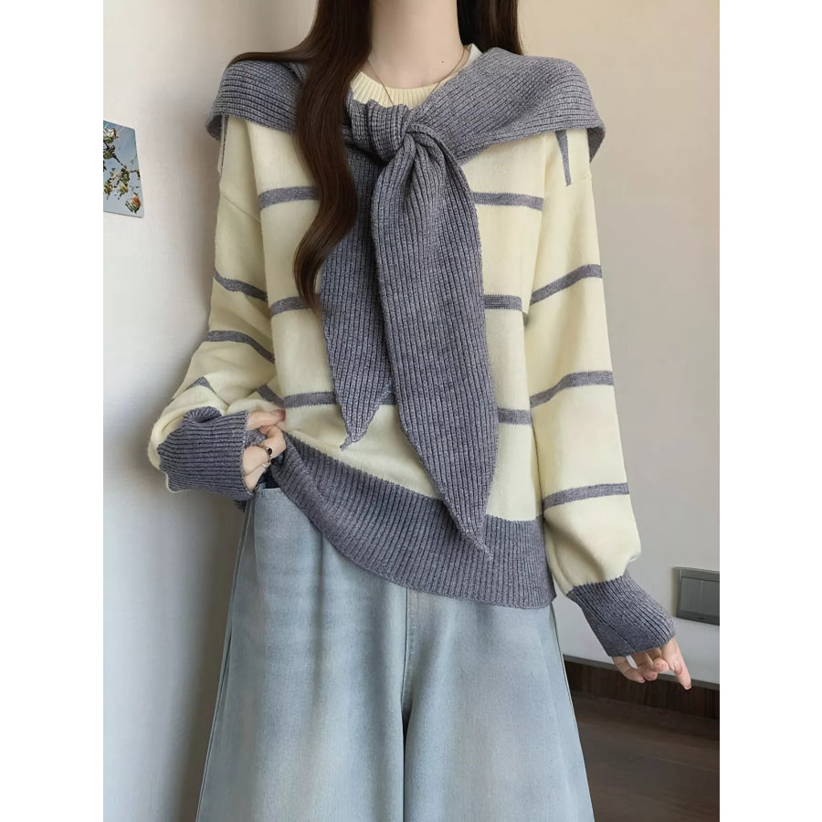 Striped Round Neck Long Sleeve Sweater Beige / One Size Apparel and Accessories