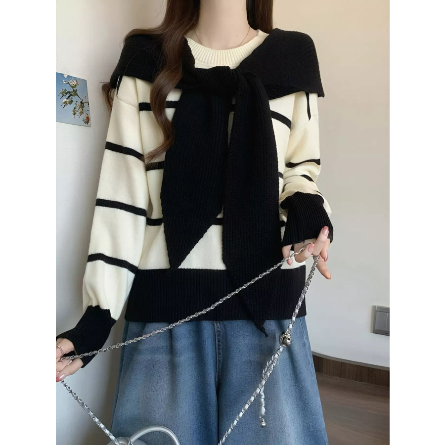 Striped Round Neck Long Sleeve Sweater Black / One Size Apparel and Accessories