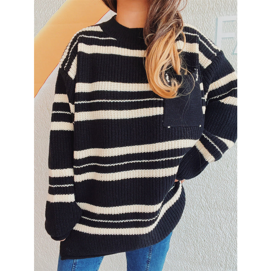 Striped Round Neck Long Sleeve Sweater Black / One Size Apparel and Accessories