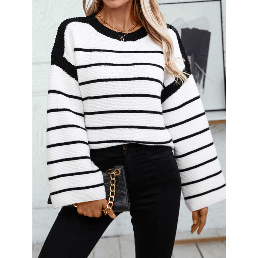 Striped Round Neck Long Sleeve Sweater Black / S Apparel and Accessories