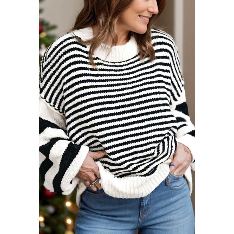Striped Round Neck Long Sleeve Sweater Black / S Apparel and Accessories