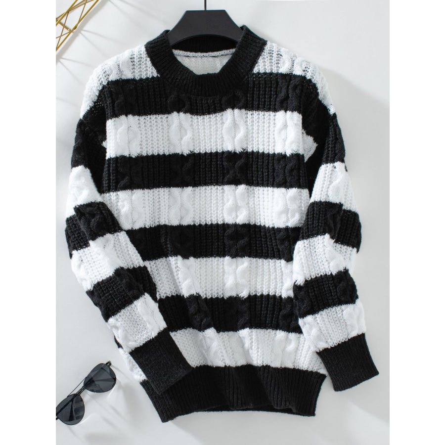 Striped Round Neck Long Sleeve Sweater Black / S Apparel and Accessories