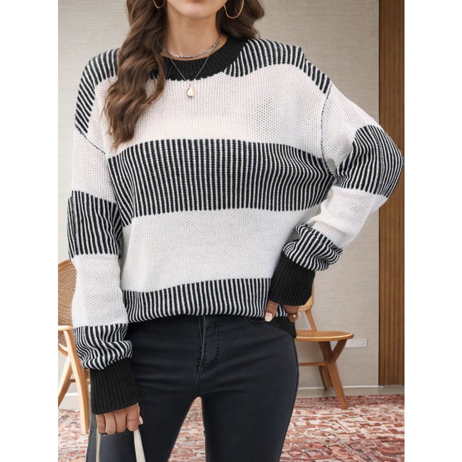 Striped Round Neck Long Sleeve Sweater Black / S Apparel and Accessories