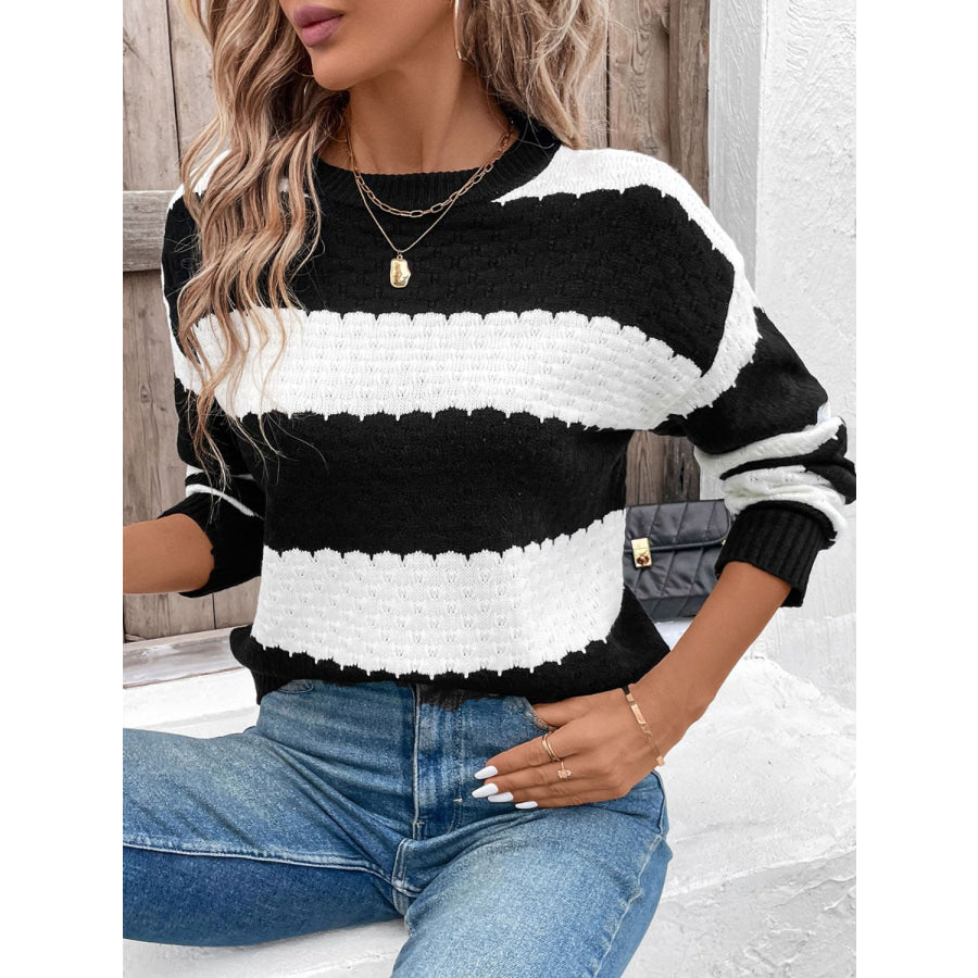 Striped Round Neck Long Sleeve Sweater Black / S Apparel and Accessories