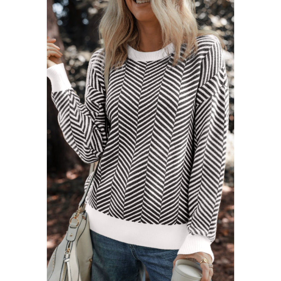 Striped Round Neck Long Sleeve Sweater Black / S Apparel and Accessories