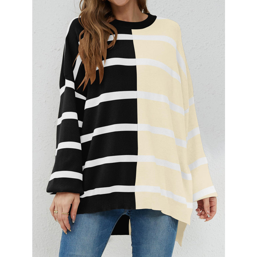 Striped Round Neck Long Sleeve Sweater Black / S Apparel and Accessories