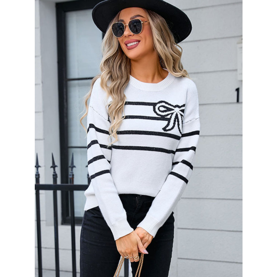 Striped Round Neck Long Sleeve Sweater Black / S Apparel and Accessories