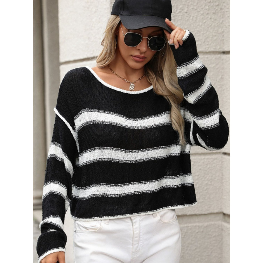 Striped Round Neck Long Sleeve Sweater Black / S Apparel and Accessories