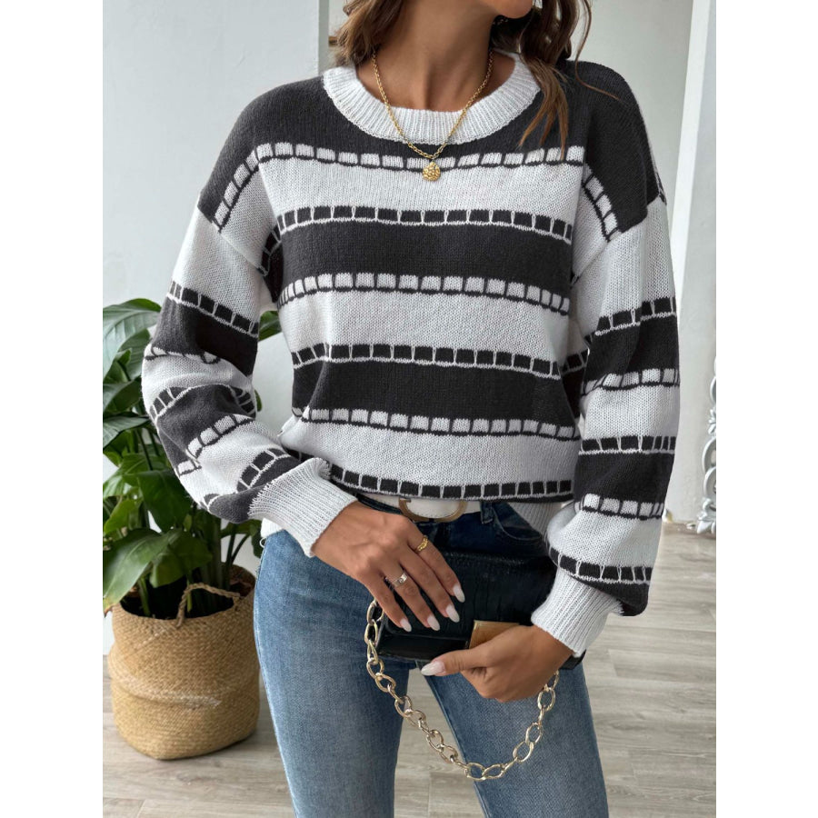 Striped Round Neck Long Sleeve Sweater Black / S Apparel and Accessories