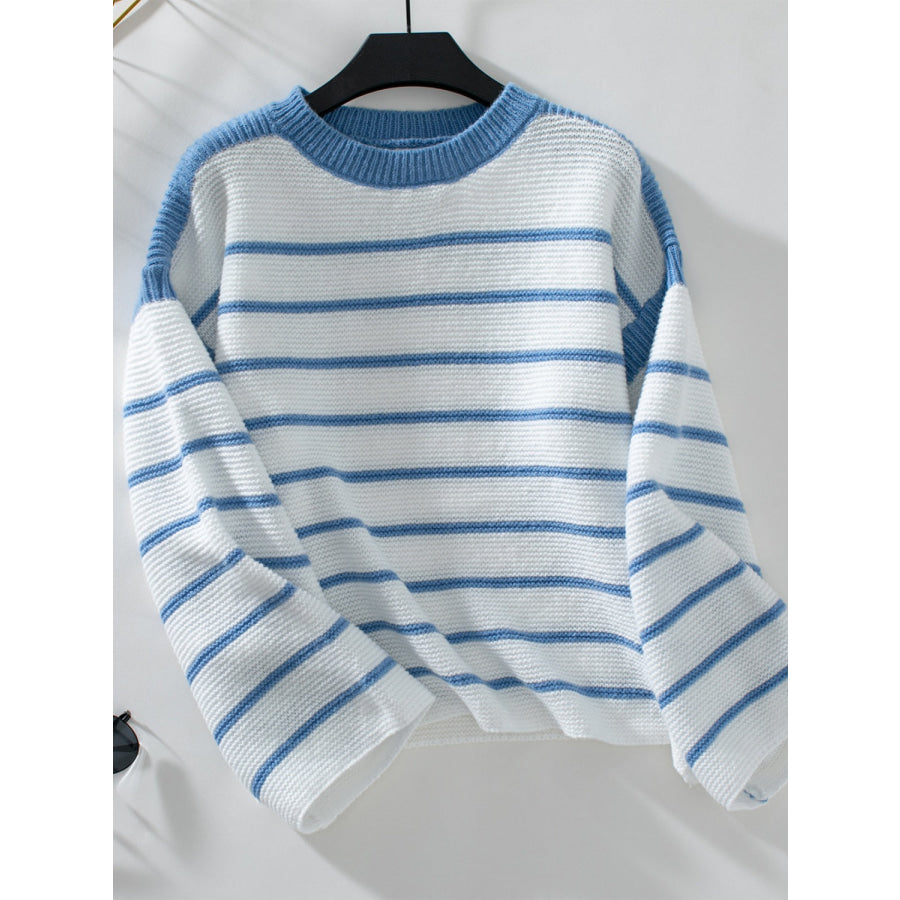 Striped Round Neck Long Sleeve Sweater Blue / S Apparel and Accessories