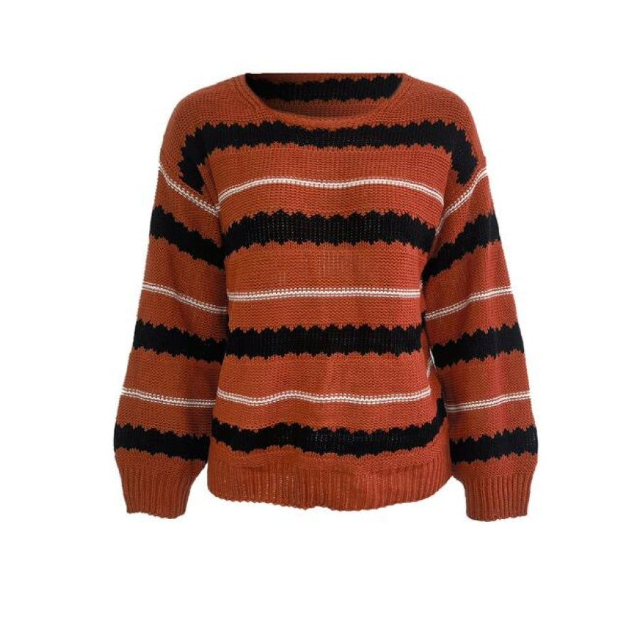 Striped Round Neck Long Sleeve Sweater Brick Red / S