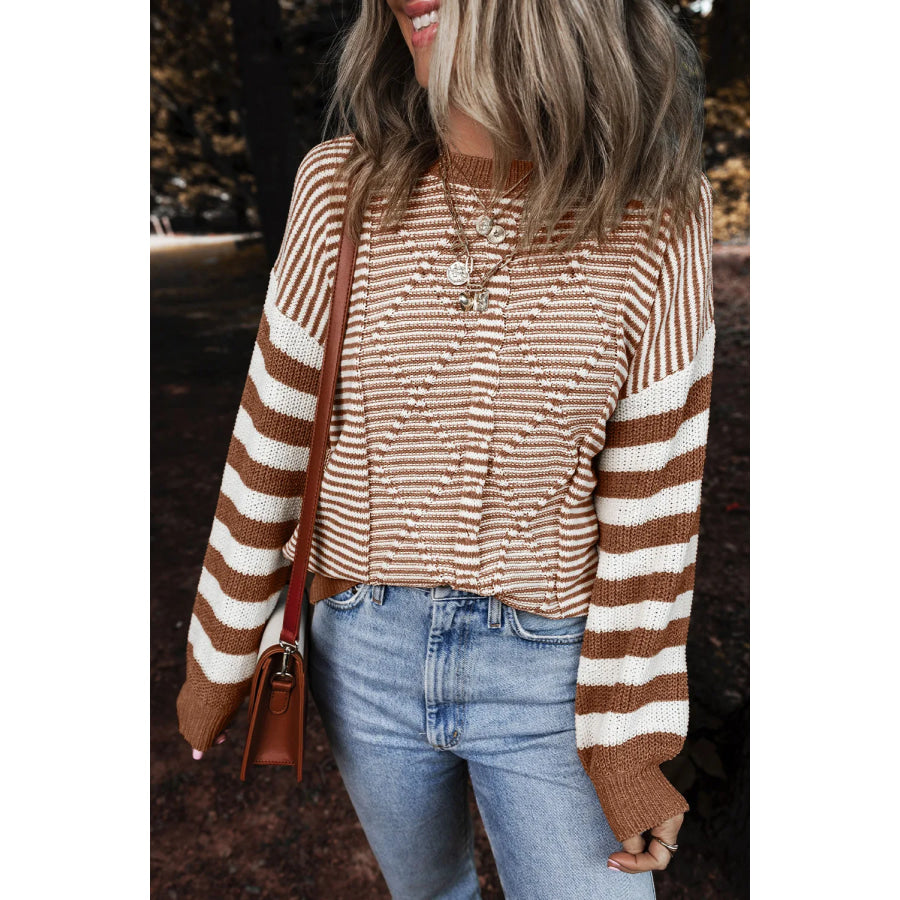 Striped Round Neck Long Sleeve Sweater Brown / 2XL Apparel and Accessories