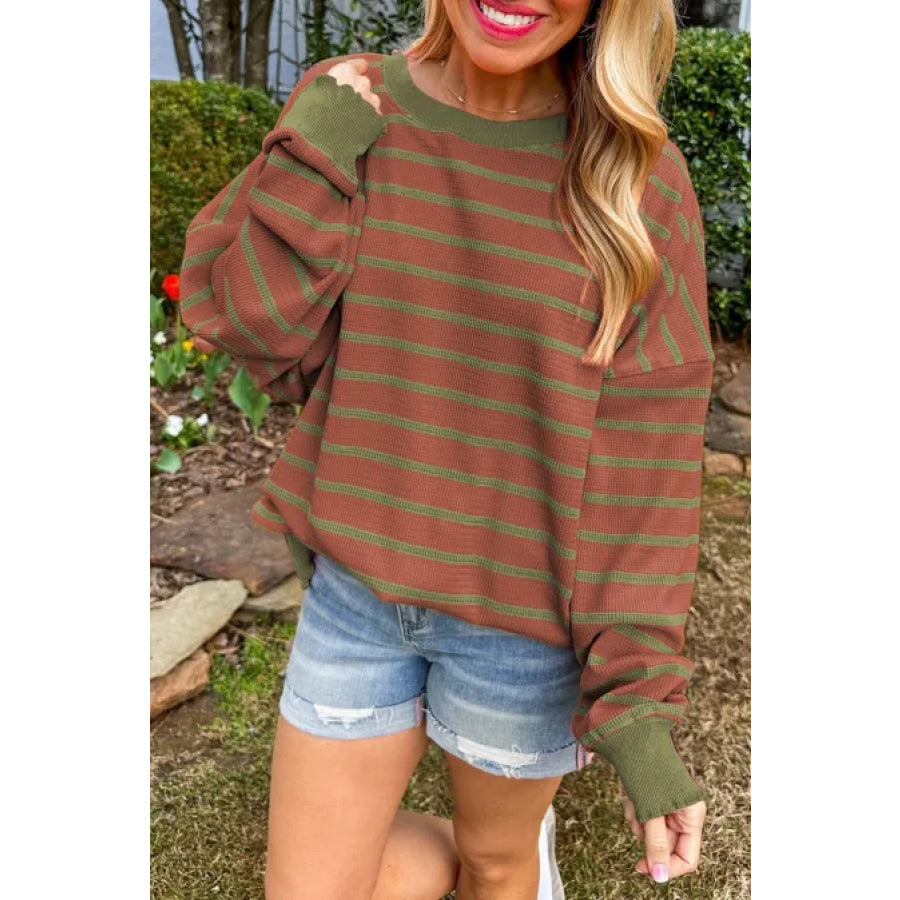 Striped Round Neck Long Sleeve Sweater Brown / S Apparel and Accessories