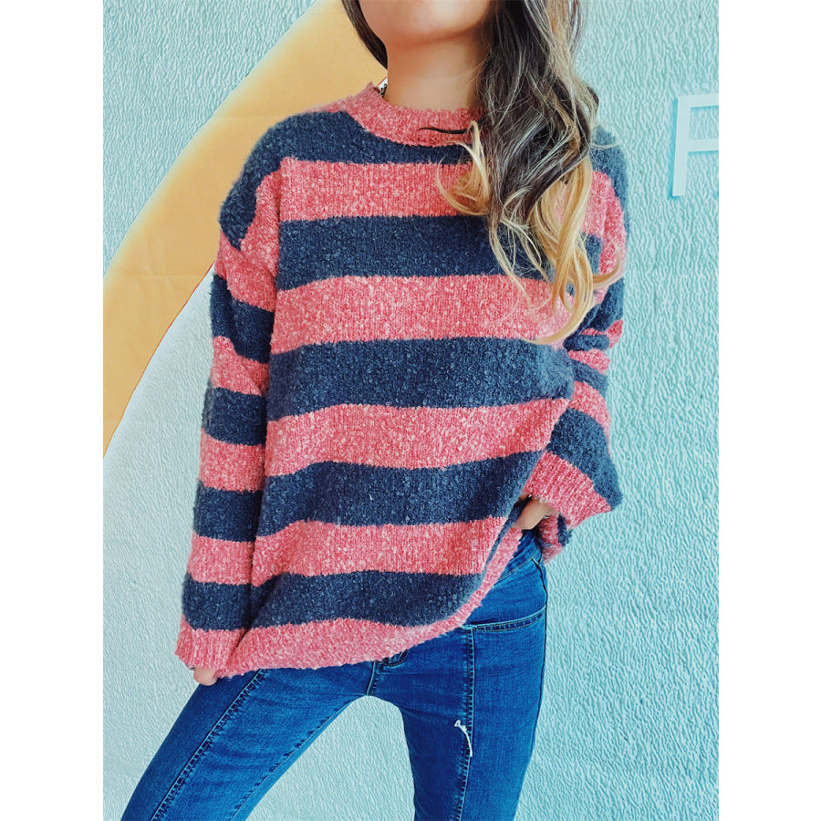 Striped Round Neck Long Sleeve Sweater Burnt Coral / One Size Apparel and Accessories
