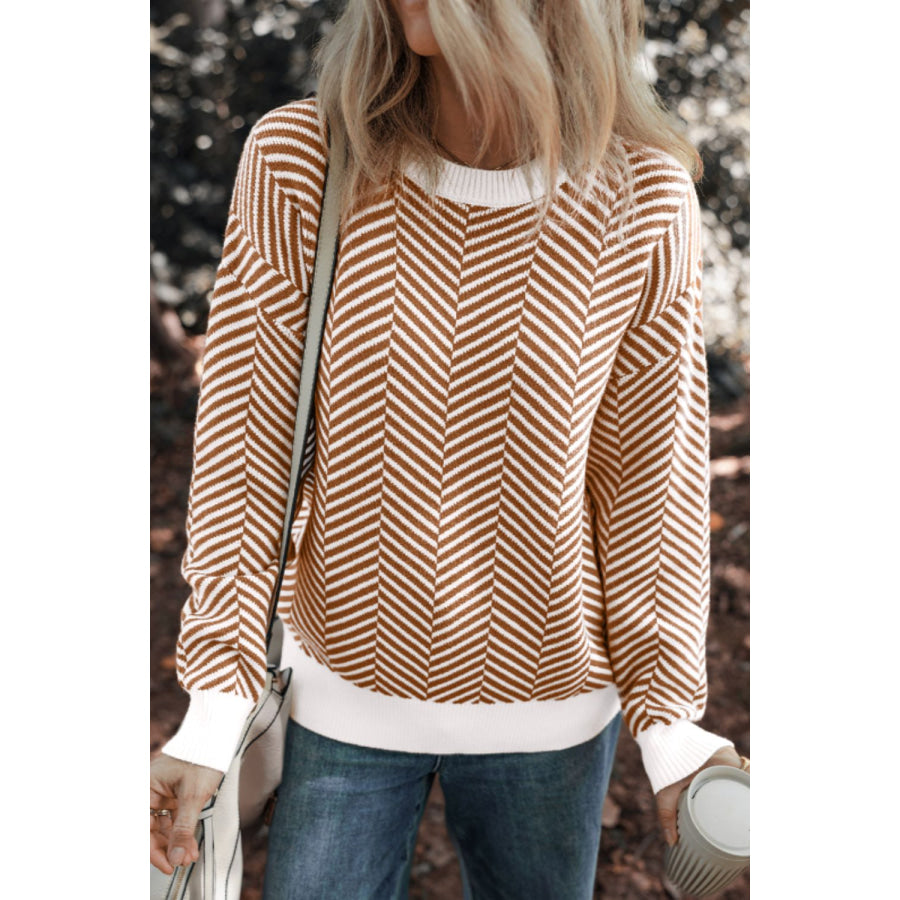 Striped Round Neck Long Sleeve Sweater Camel / S Apparel and Accessories