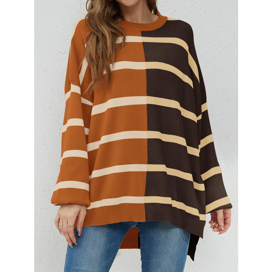 Striped Round Neck Long Sleeve Sweater Camel / S Apparel and Accessories