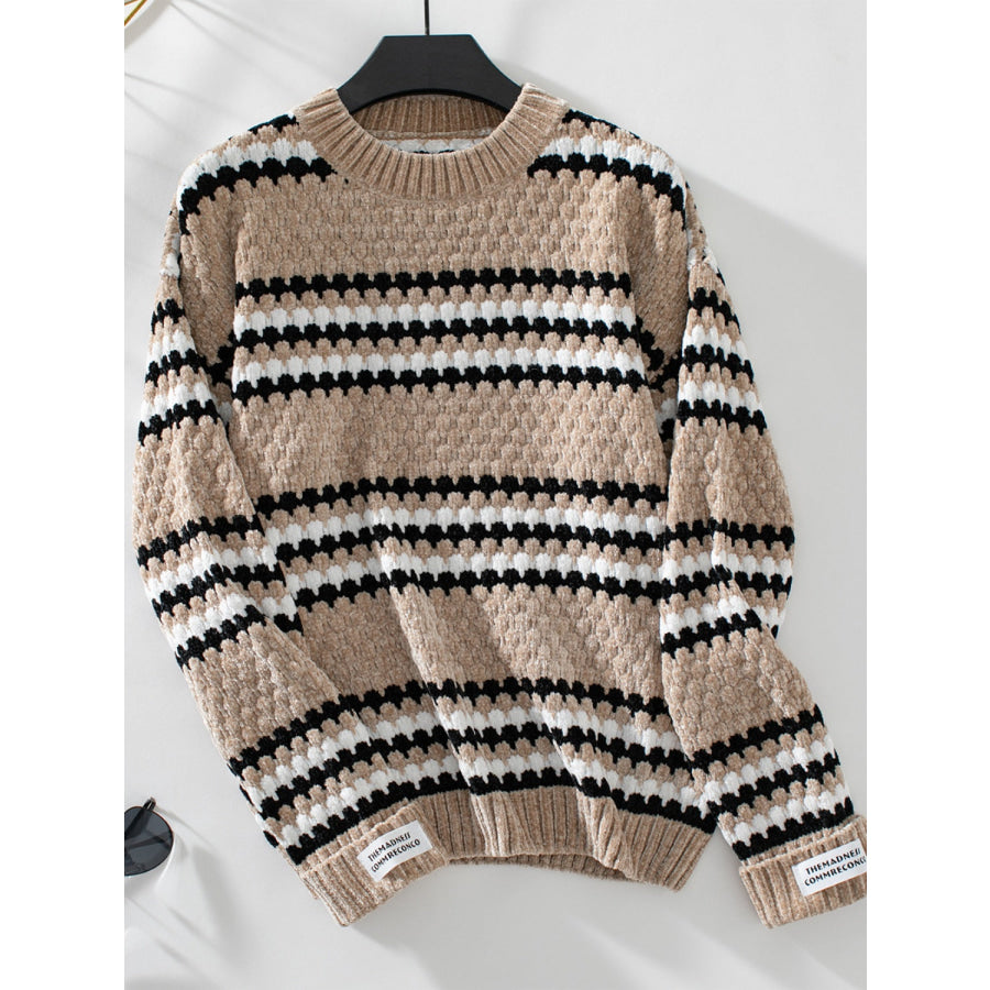 Striped Round Neck Long Sleeve Sweater Camel / S Apparel and Accessories