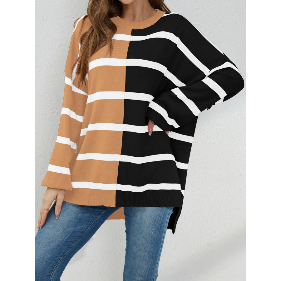 Striped Round Neck Long Sleeve Sweater Caramel / S Apparel and Accessories