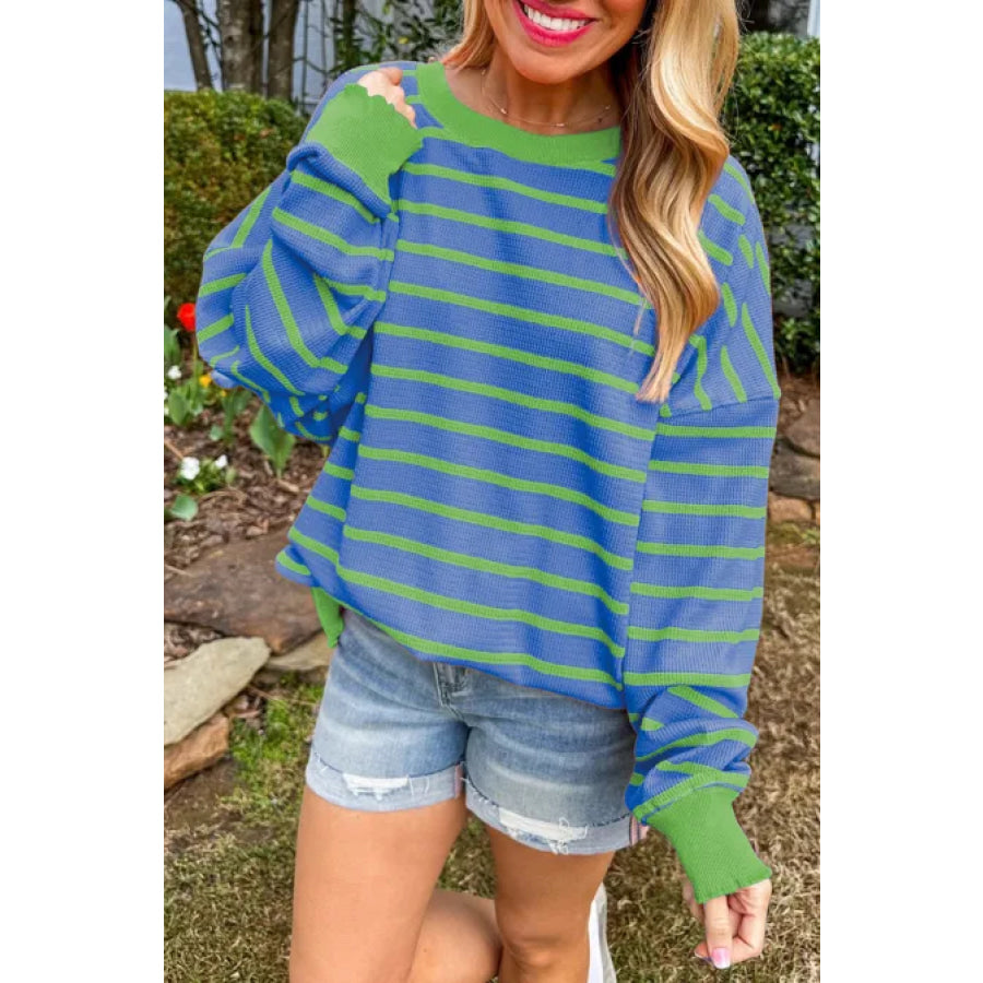 Striped Round Neck Long Sleeve Sweater Cerulean / S Apparel and Accessories