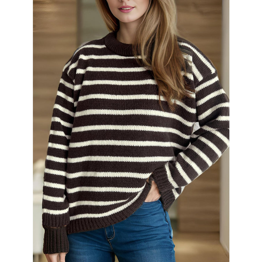 Striped Round Neck Long Sleeve Sweater Chocolate / One Size Apparel and Accessories