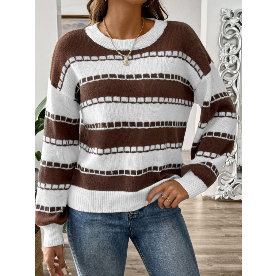 Striped Round Neck Long Sleeve Sweater Chocolate / S Apparel and Accessories