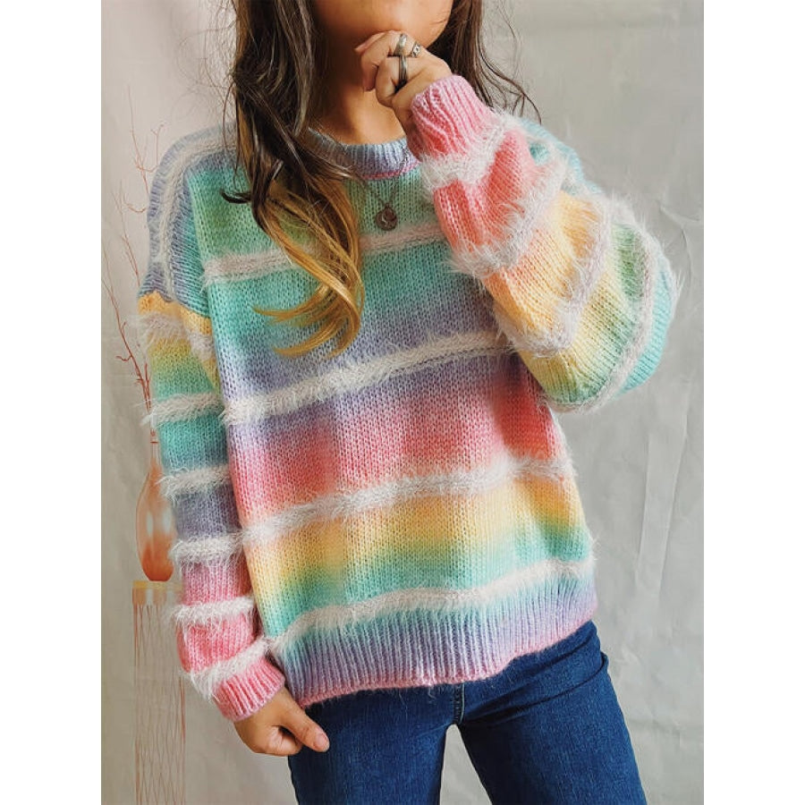 Striped Round Neck Long Sleeve Sweater Multicolor / One Size Clothing