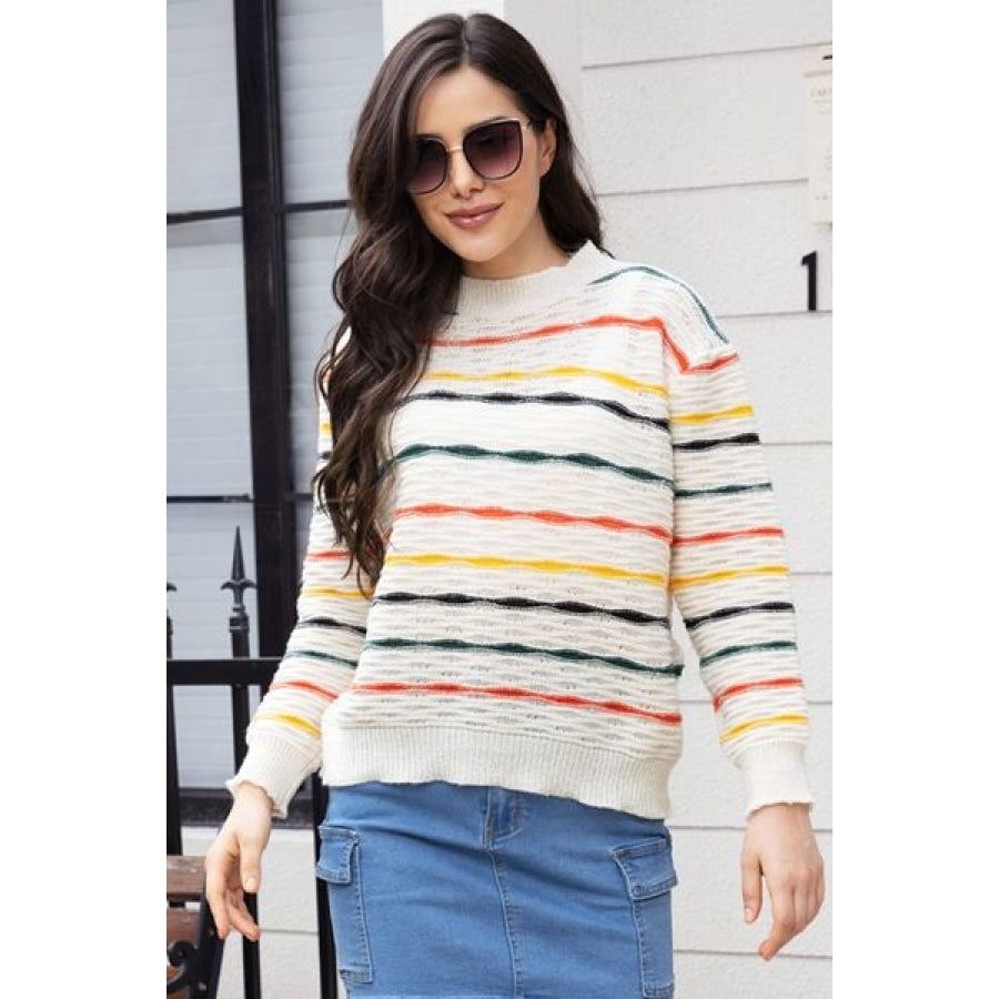 Striped Round Neck Long Sleeve Sweater Clothing