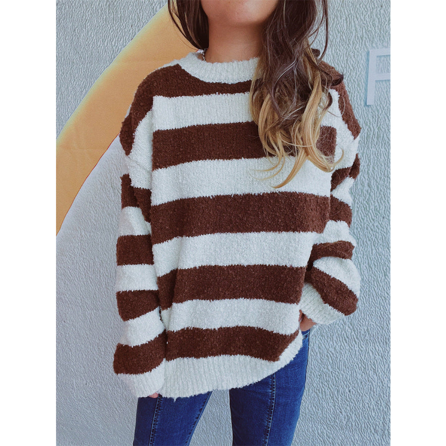 Striped Round Neck Long Sleeve Sweater Dark Brown / One Size Apparel and Accessories