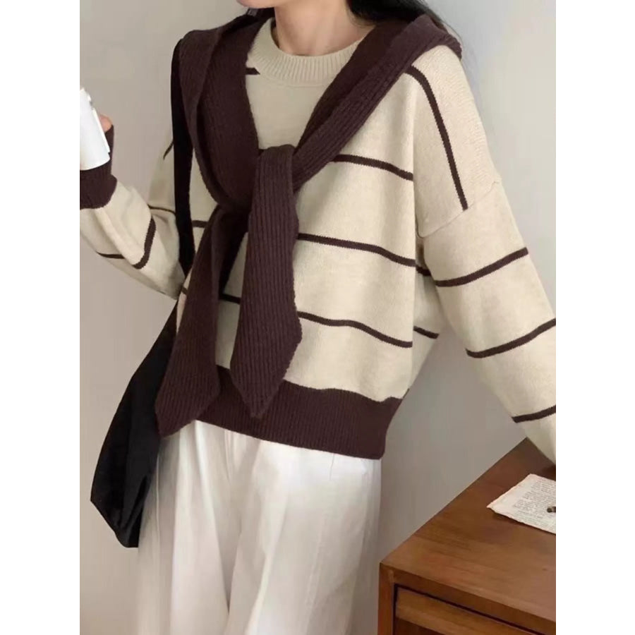 Striped Round Neck Long Sleeve Sweater Dark Brown / One Size Apparel and Accessories