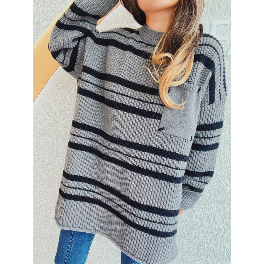 Striped Round Neck Long Sleeve Sweater Dark Gray / One Size Apparel and Accessories