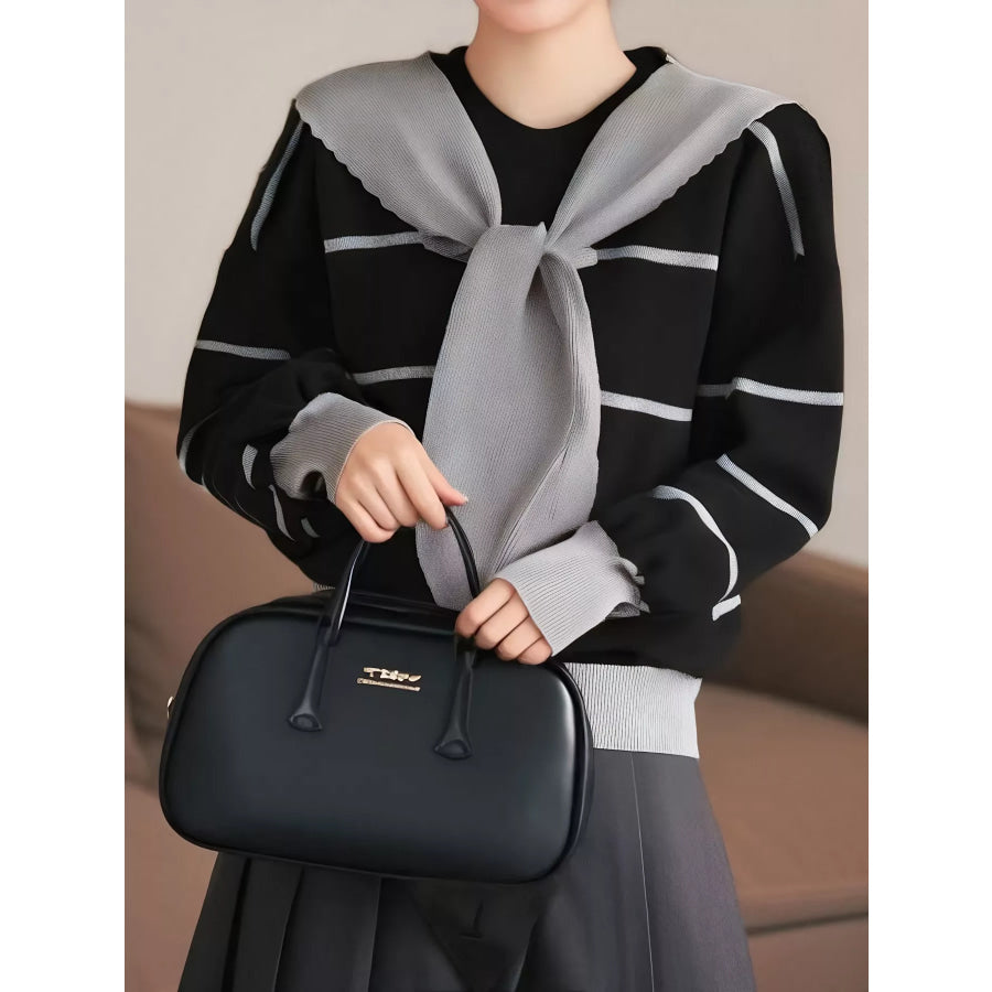 Striped Round Neck Long Sleeve Sweater Dark Gray / One Size Apparel and Accessories