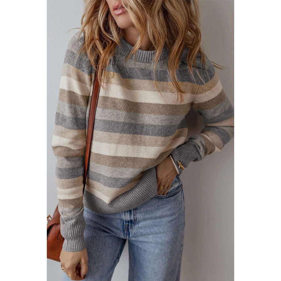 Striped Round Neck Long Sleeve Sweater Dark Gray / S Apparel and Accessories