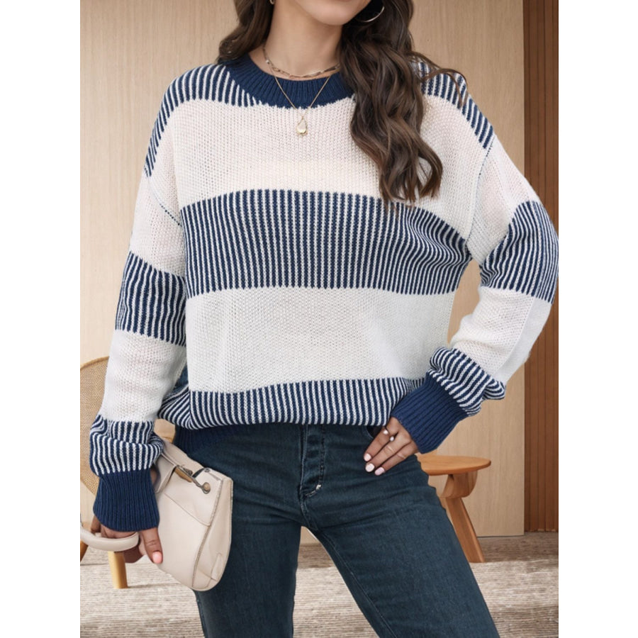 Striped Round Neck Long Sleeve Sweater Dark Navy / S Apparel and Accessories