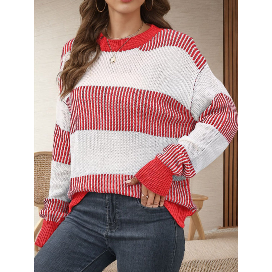 Striped Round Neck Long Sleeve Sweater Deep Red / S Apparel and Accessories