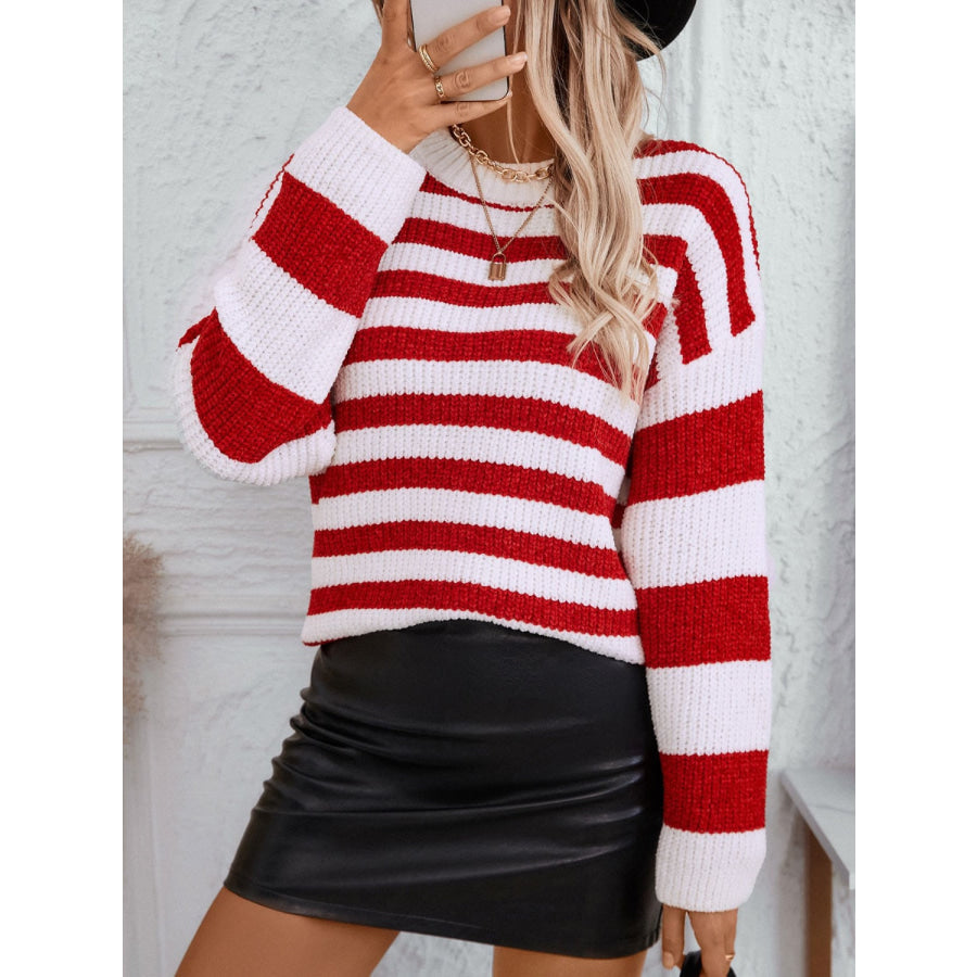 Striped Round Neck Long Sleeve Sweater Deep Red / S Apparel and Accessories