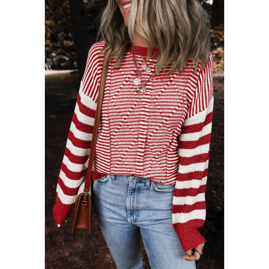 Striped Round Neck Long Sleeve Sweater Deep Red / S Apparel and Accessories